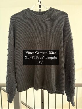 Vince Camuto Charcoal Gray Textured Pom-Pom Sleeve Sweater